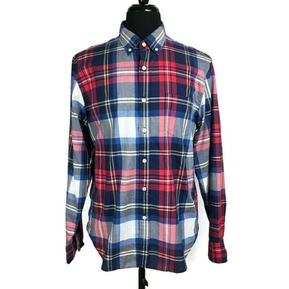 Tailored By J Crew Summer Plaid Shirt Mens Large Red Blue Lightweight Cotton